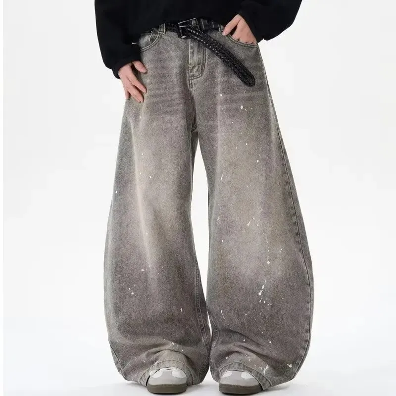 Spring and Autumn Retro Washed Vintage Grey Splash Ink Curved Knife Jeans for Men and Women Trendy Brand American Street Loose P — image 3