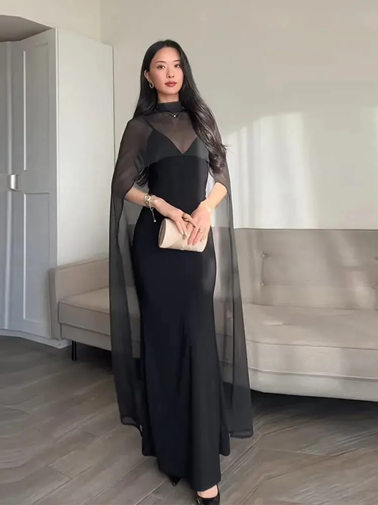 Abiti da sera da donna con mantello trasparente Elegante scollo a V sottile senza maniche Abito con pacchetto anca per donna 2026 Abiti da festa da donna — image 2