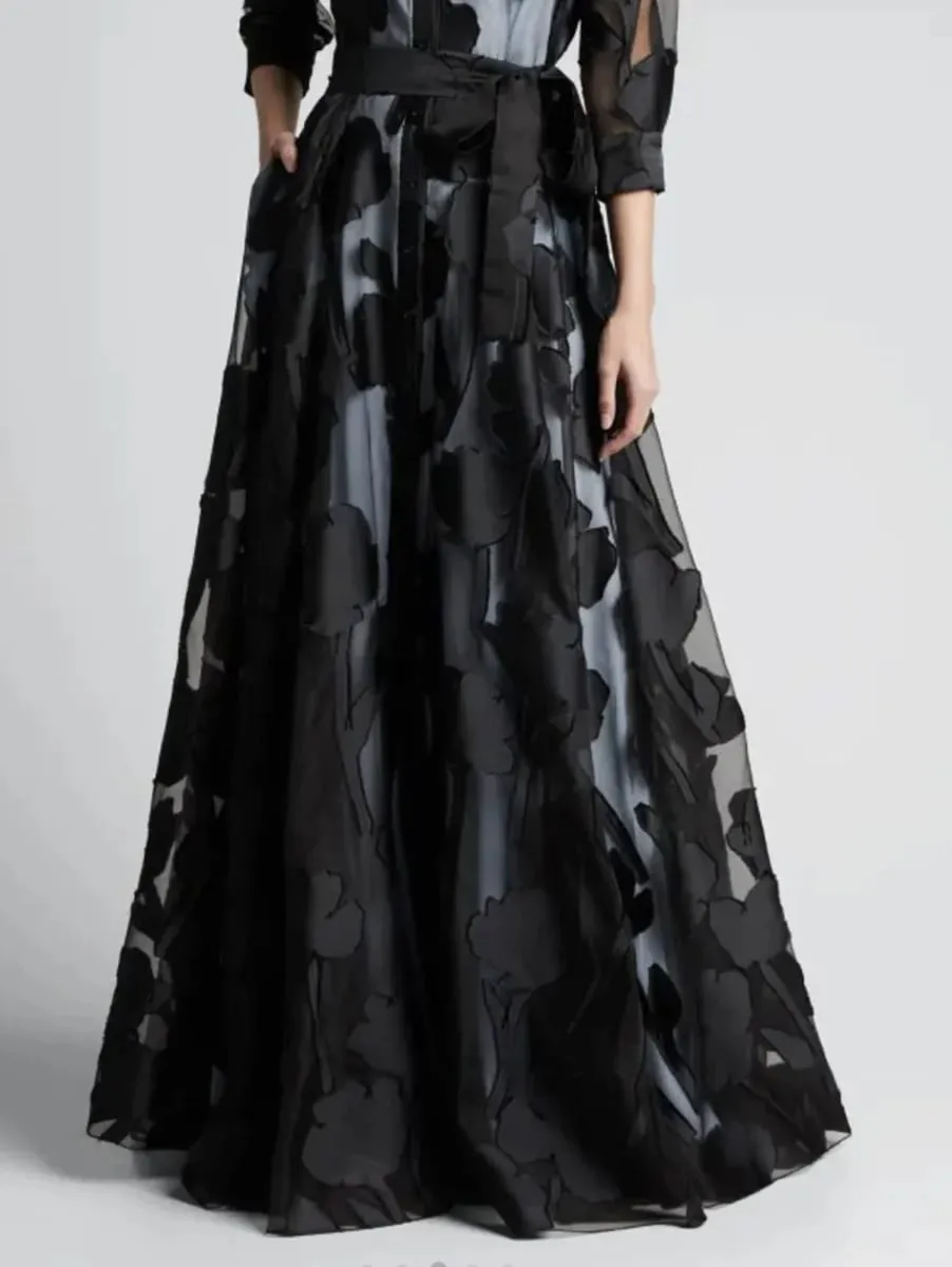 Elegant Three-Quarter Sleeve Knotted Waist Jacquard Mesh Maxi Dress for Women No Lining Transparent Club Party Long Dress — image 4