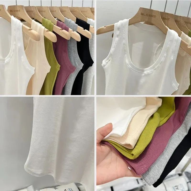 2026 Women Solid Low Round Neck Ribbed Camisole Summer Basic Elastic Tank Top Korean Style Versatile Slim Tanks & Camis — image 6