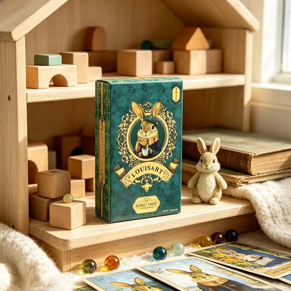 Louisart Rabbit Tarot Cards 78 Cards Vintage Green Luxury Tarot Deck Cute Anthropomorphic Rabbit Art Divination Cards Game — image 4