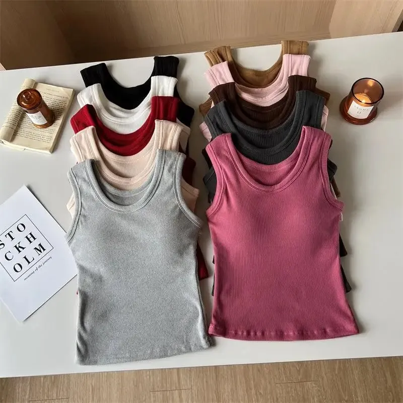 Women Solid Color O Neck Ribbed Tank Top Wide shoulder Strap Camisole 2025 Summer autumn Basic Camisole Elastic Tank Tops — image 4