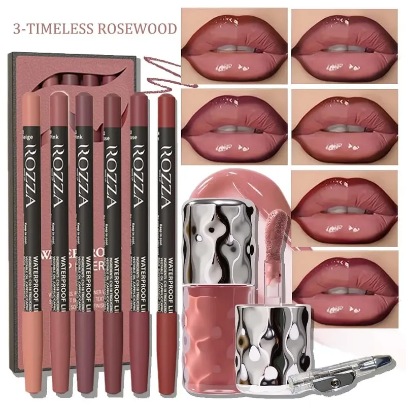 8pcs/set Daily Lip Beauty Set – 6 Blendable Lip Liners 1 Moisturizing Lip Gloss&1 Pencil Sharpener – Soft Long-Lasting Lip Kit