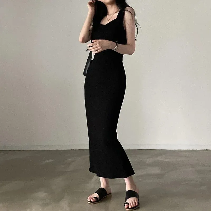 Myufon Basic Knit Long Dress Korean Fashion Square Collar Sleeveless Women's Dresses Summer Casual Y2k Vintage All-match Outftis — image 3