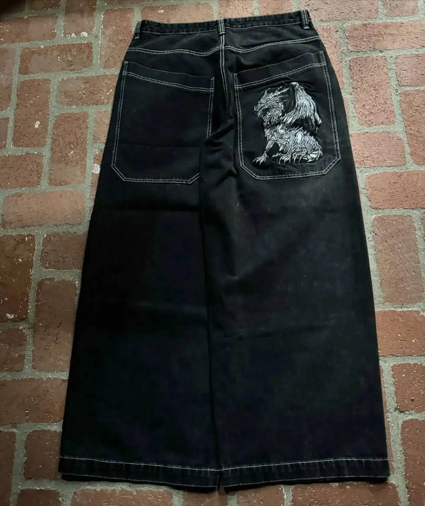 Y2K Gothic Nuclear Waste Embroidery Jeans Punk Straight Wide-leg Denim Pants Men Fashion Hip Hop Retro Baggy Jeans Streetwear — image 4