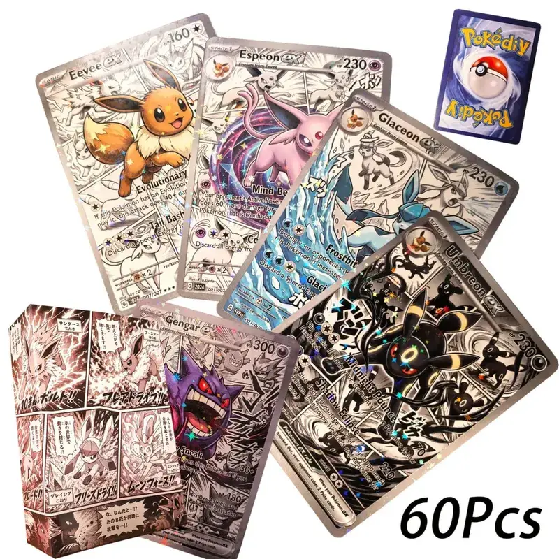 Shiny 60Pcs Pokediy Comic Style Custom Pokemon Ex Cards Manga Anime Version Classical Collection Eevee Charizard Mega Kids Gift