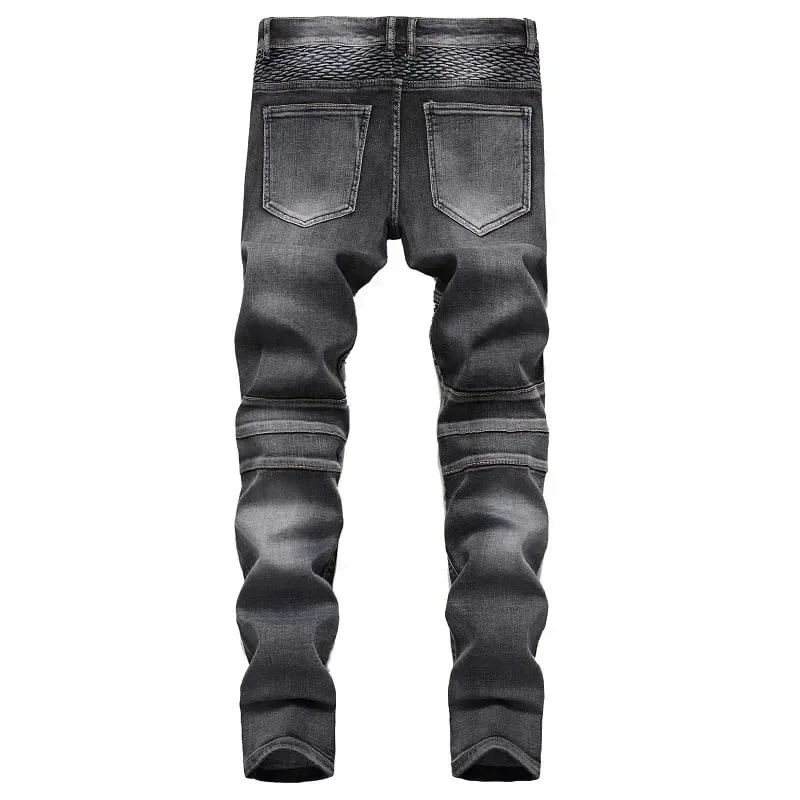 Men's New Casual Motorcycle Jeans Hip Hop Street Riding Stretch Slim Fit Straight Pants Patchwork Fashion Denim Trousers Male — image 2