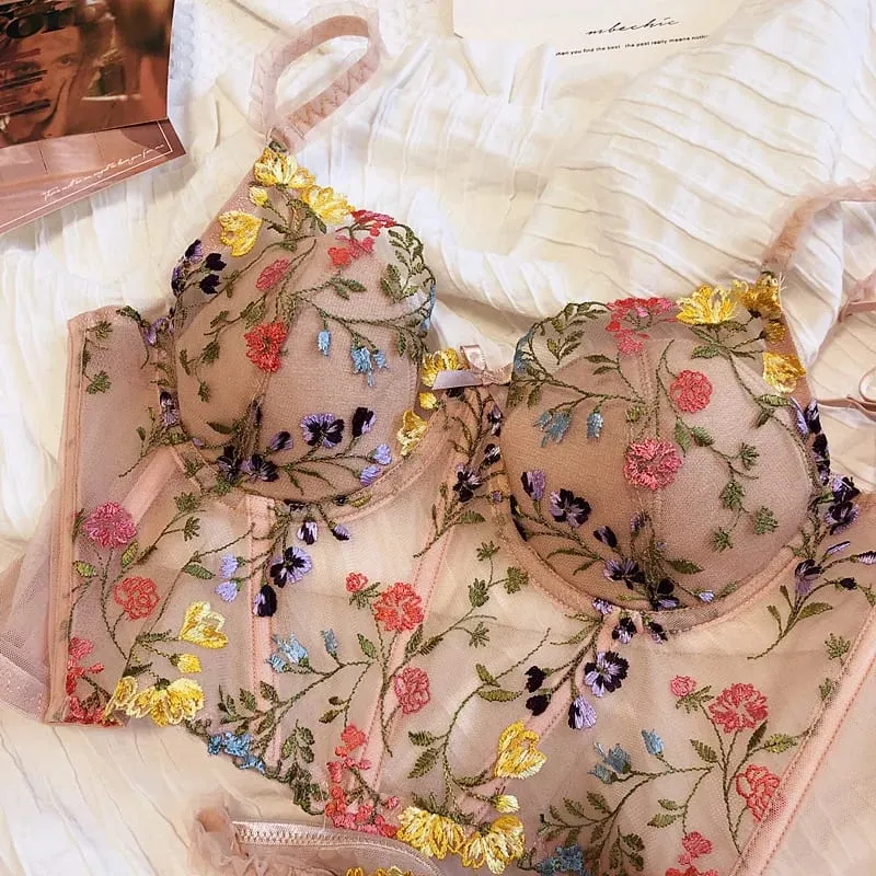 Extended Embroidered Bra And Panty Set Floral Lace Women Underwear Sexy Female Thin Cotton Cup Push Up Lingerie Suit — image 4