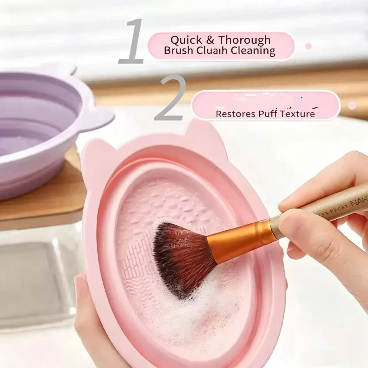 Cute Ear‑Shaped Collapsible Silicone Makeup Brush Cleaning Bowl Foldable Washing Bowl for Makeup Brushes Beauty Blender Portable — image 2