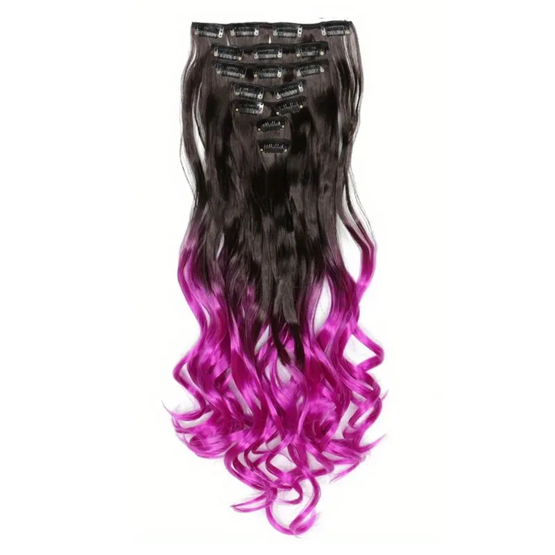 Clip in Hair Extensions Ombre Color Synthetic 7pcs Set Wavy Curly Hairpieces Black to Purple For Women Girls — image 9