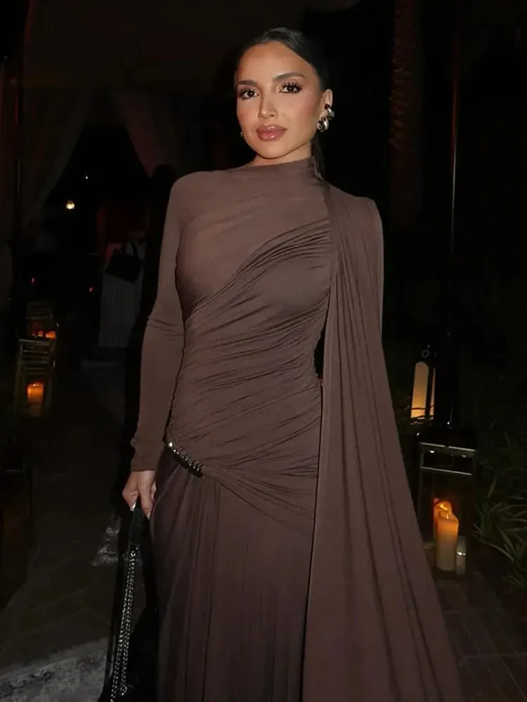 Elegant Women Pleated Irregular Patchwork Maxi Dress Chic Long Sleeve High Neack Dresses 2025 Summer Turtleneck Party Prom Gowns — image 2