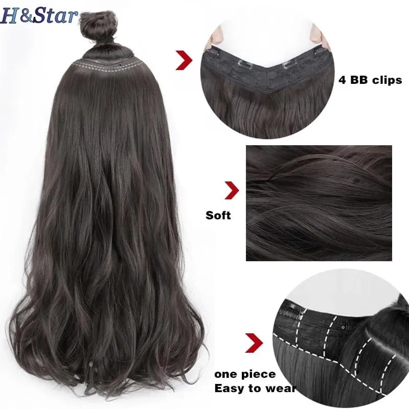 18Inch Long Synthetic Curly Wavy 4Clip One Piece V-shaped Clip in Hair Extensions Black Brown Hairpieces for Women — image 5
