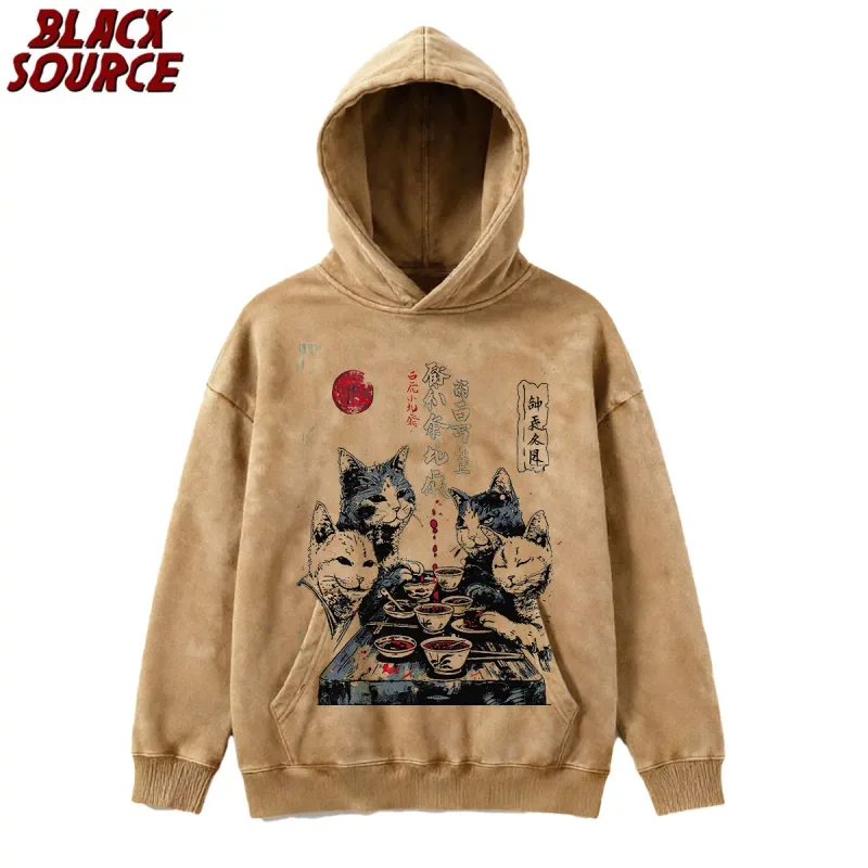 P0822 Cat Cartoon Graphic Men's Hoodie, Japanese Style Oversized Pullover Sweatshirt, Casual Baggy Fit Streetwear — image 3