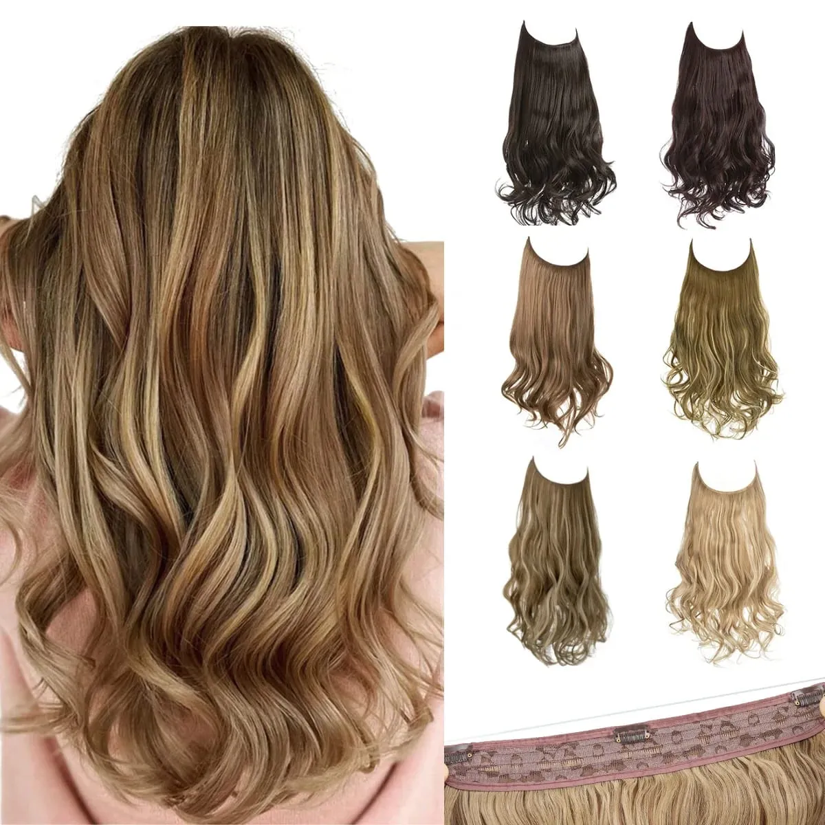 Nice Premium Synthetic Invisible Wire With Clip In Hair Extensions Daily Use Hairpieces Long Brown Natural Wavy Fake Hair piece — image 2