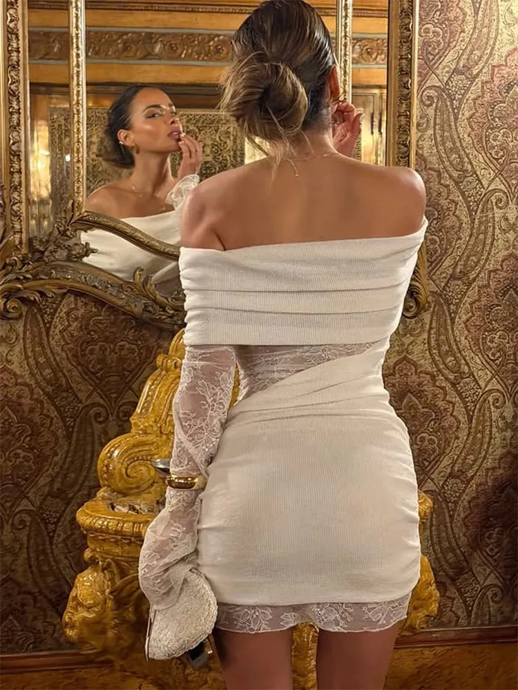 Slash Boyun Dantel Patchwork Kalça Wrap Kadın Elbiseler Uzun Kollu Kılıf Moda Parti Kıyafetleri Katı Şık Sıcak Kız Seksi Kulübü — image 4