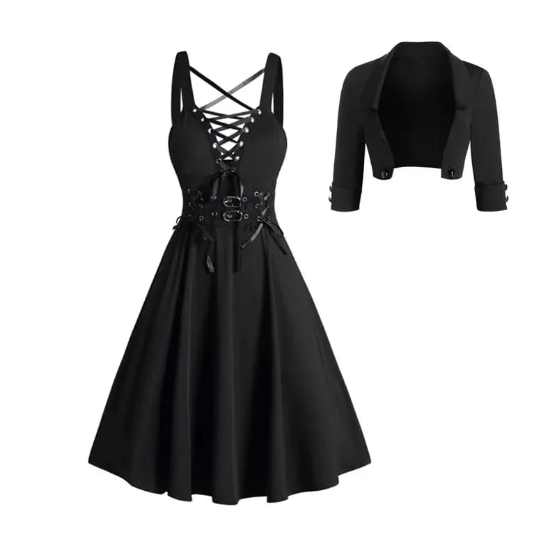 2025 Womens Gothic Dresses Sets Solid Color Open Front Crop Jacket and Lace Up Buckle Strap Crisscross Dress Outfit — image 8