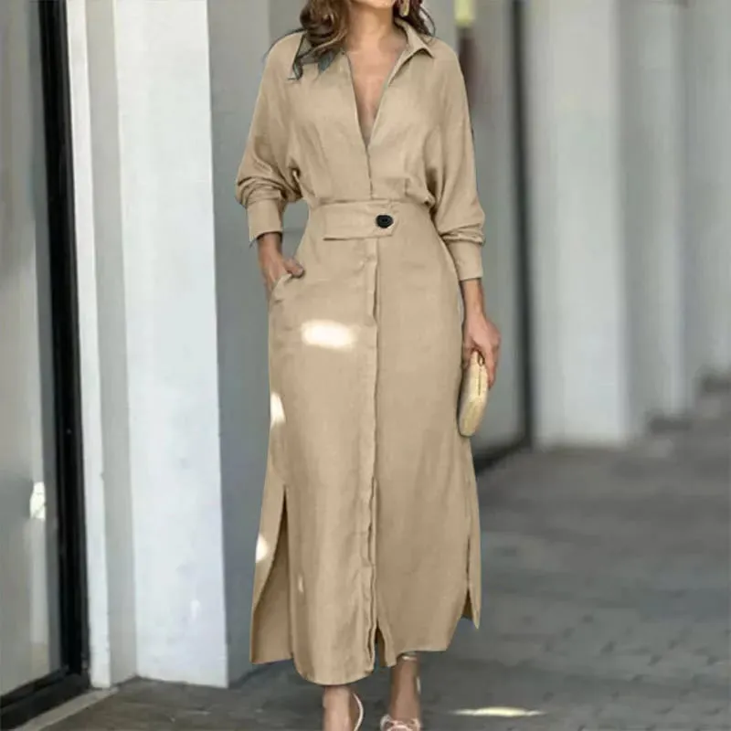 Women's Dress Autumn New Fashion Elegant Long Sleeve Leisure Solid Color V Neck Sexy Ladies Shirt Dresses Commuting Streetwear — image 3