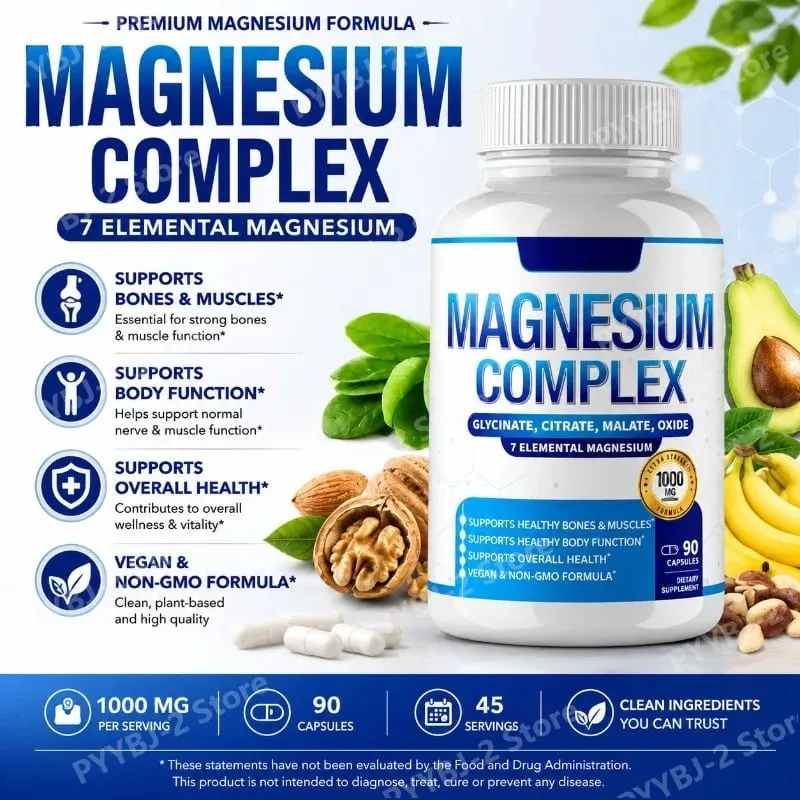Magnezyum Kompleksi Takviyesi 7 Form Magnezyum Glisinat Sitrat Malat Orotat Taurat Günlük Mineral Desteği ile 90 Sayım — image 1