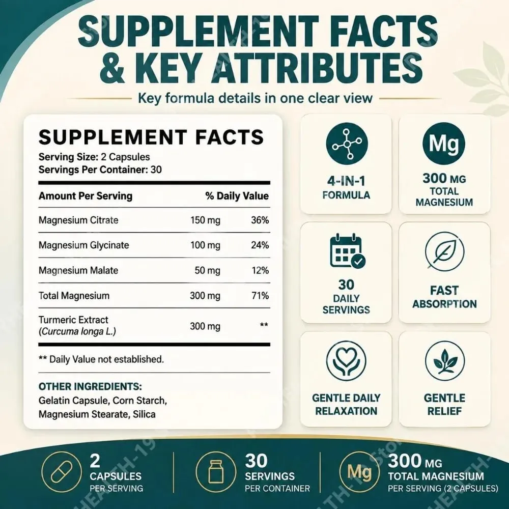 TriMagnes 4-in-1 Magnesium Complex Capsules 300mg with Citrate Glycinate Malate Turmeric for Nerve Comfort Muscle Relax 60 Ct — image 3