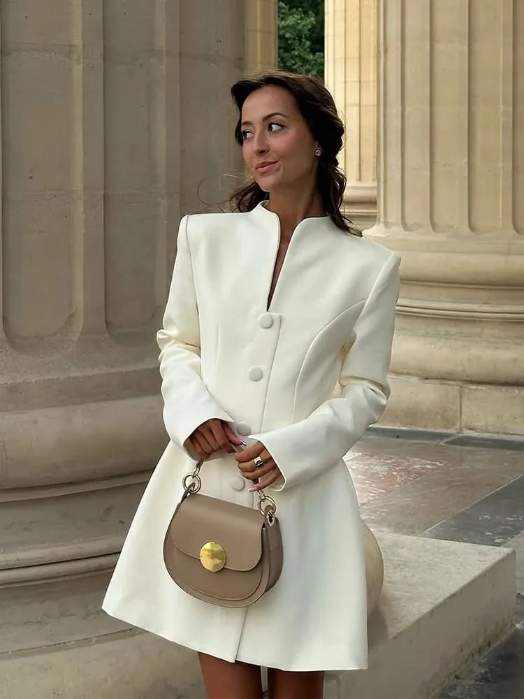 Mini vestido liso de corte en A con una hilera de botones, Vestidos elegantes de cintura alta con cuello en V y manga larga para mujer, Vestidos de calle para ir al trabajo 2026