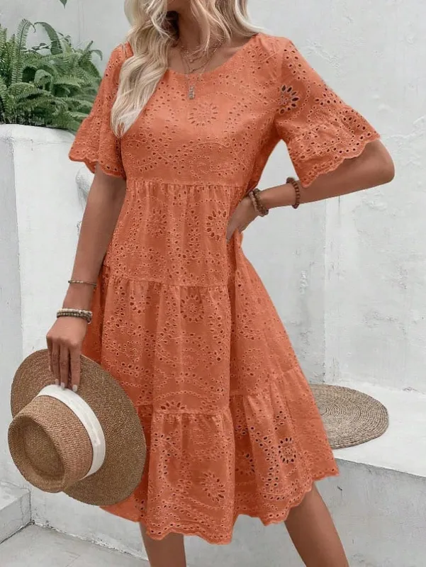 Dámské bílé šaty s očkem výšivka Midi šaty vyhloubené Boho splývavé volánkové šaty s krátkým rukávem letní plážové šaty