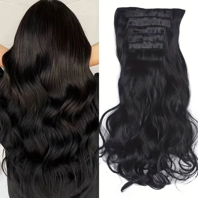 Clip-in-Haarverlängerung, lang, gewellt, Kunsthaar, 61 cm, Schwarz, 6 Stück, dicke Haarteile, Faser-Doppelschusshaar für Frauen