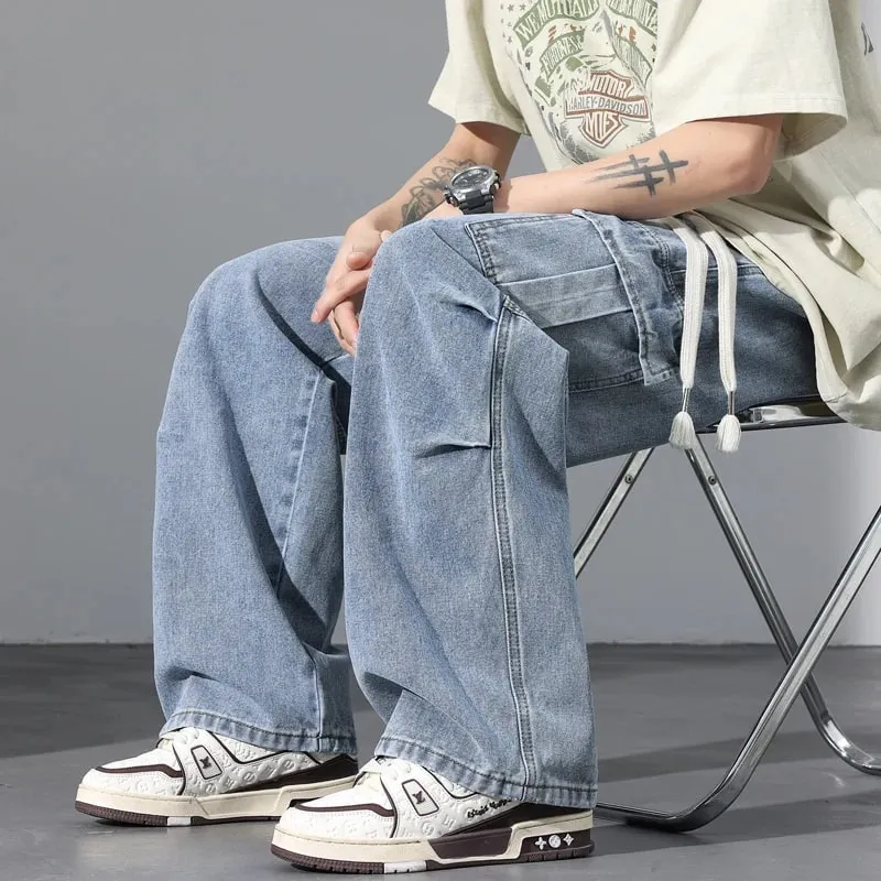 Large Pocket Baggy Jeans Men's 2025 New Spring Classic Straight Denim Trousers Street Y2K Elastic Waist Casual Cargo Pants — image 5