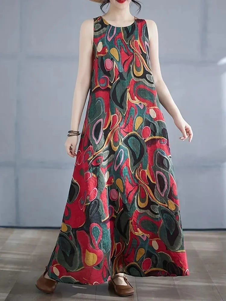 sleeveless oversized cotton vintage floral new in dresses for women casual loose long summer dress elegant clothing 2025