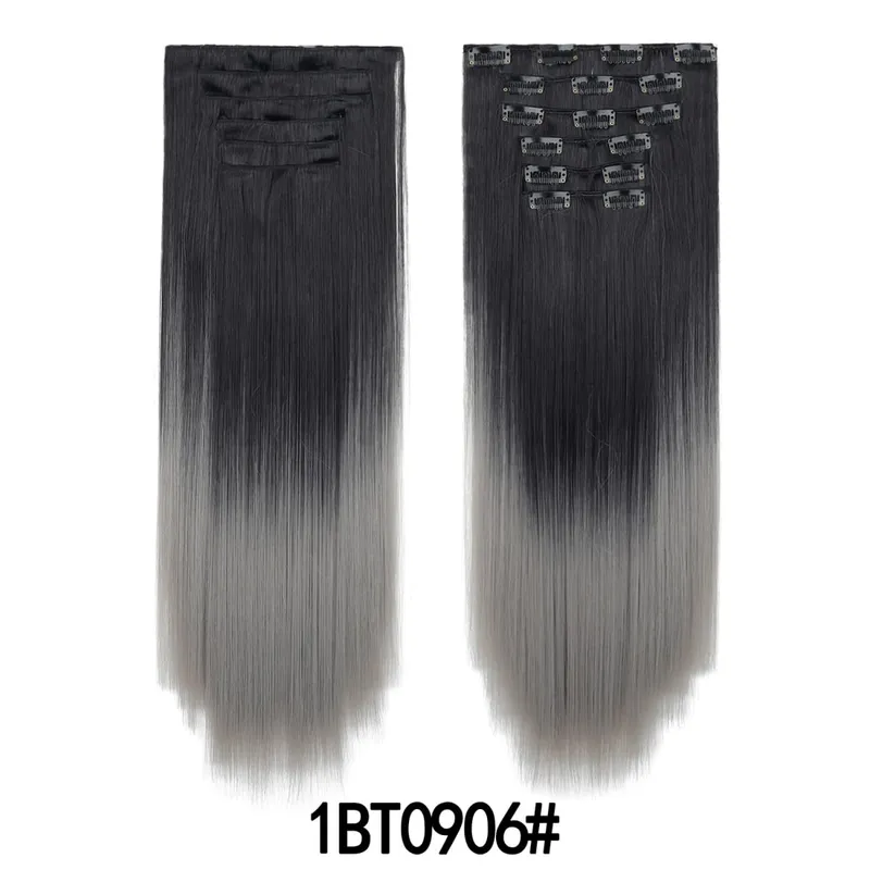 6PCS Set Clip In Hair Extensions 24Inch Long Straight Full Head Synthetic Hair Ombre Gradient Color Daily Use for Women Ladies