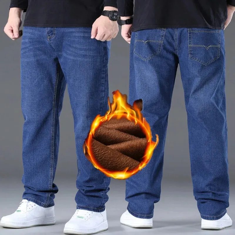 Oversized Plus Velvet Thick Jeans Men's Winter Youth Straight Loose Fleece Warm Pants High Waist Men's Plus Size 52 50 10XL