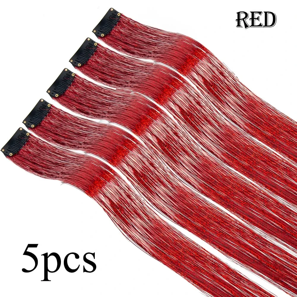 Wholesale 5Pcs/Pack Sparkling Shiny Hair Extensions Clip In Sparkle Shiny Hair Tinsel Rainbow Shiny Sparkle Hair Tinsel Pink/Red
