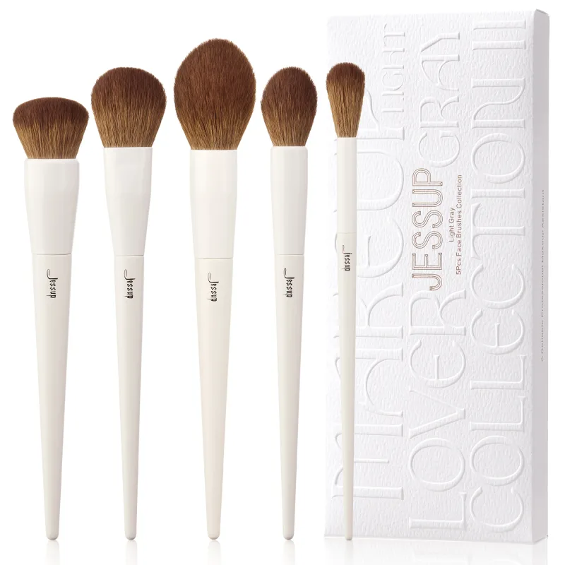Jessup Face Brushes set 5Pcs Makeup Brushes Vegan Foundation Blush Bronzer Brush Contour Fluffy Setting Powder Light Grey T493