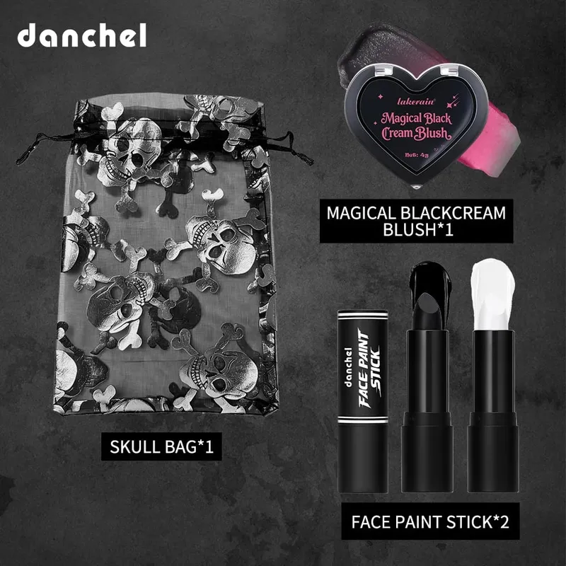 Halloween Gothic Makeup Kit Storage Bag Dark Cream Blush Black White Face Paint Stick Cosplay Party Festival Face Body Makeup