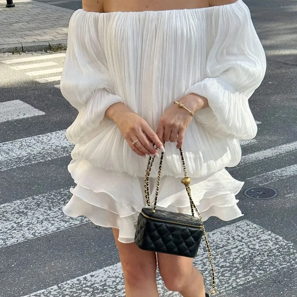 Vstupenkyx Letní lesklé Úzké plisované minišaty na jedno rameno Elegantní jednobarevné nařasené dlouhé rukávy Vestidos Dámské společenské večerní šaty — image 4