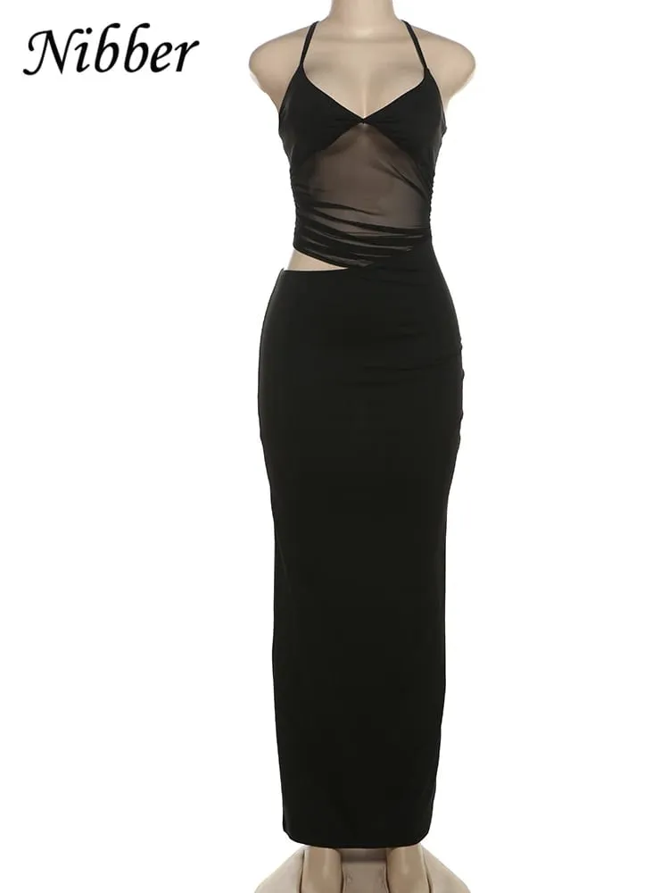 Nibber Mesh Patchwork Dress Women Sexy Backless Hollow Sleeveless 2025 Summer Trend Skinny Stretch Elegant Clubwear Maxi Bodycon — image 6