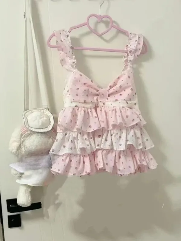 Sweet Japanese Style Tiered Sleeveless Dress with Polka Dots Cute Mini Cake Dress Summer Casual Feminine Outfit for Women New
