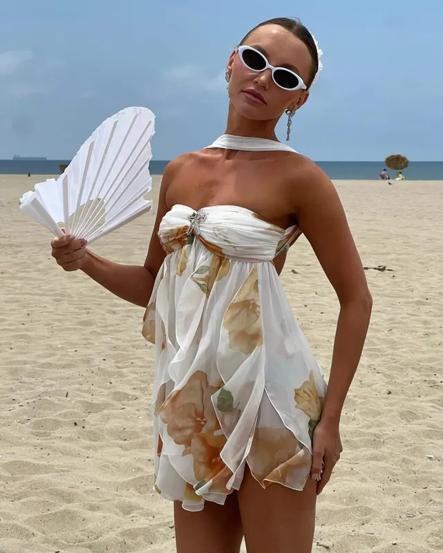 Women Casual Printed Pleated Scarf Collar Mini Dresses Chic Sleeveless Off Shouder Short Vestido Summer Lady Party Beach Robe — image 8