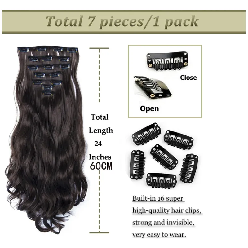 7Pcs/set 16 clips Synthetic Long wavy Hair Extensions Clips in Hair black Brown Suitable for Women Wig Hairpieces
