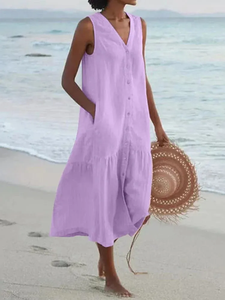 Musim Panas Longgar Kasual Patchwork Cotton Linen Pocktes Gaun V Leher Gaya Pantai Gaun Tanpa Lengan Vintage Club Midi Solid Wanita Pakaian — image 4