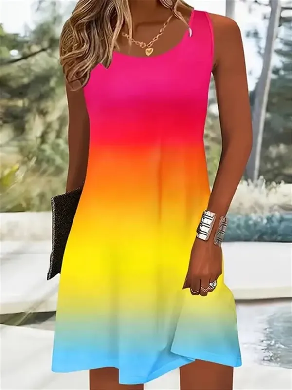 Women Tie-dye Gradient Streetwear Mini Dresses Summer Sleeveless 3D Printing Ladies A-Line Dress 3XL Plus Size Casual Dress — image 5
