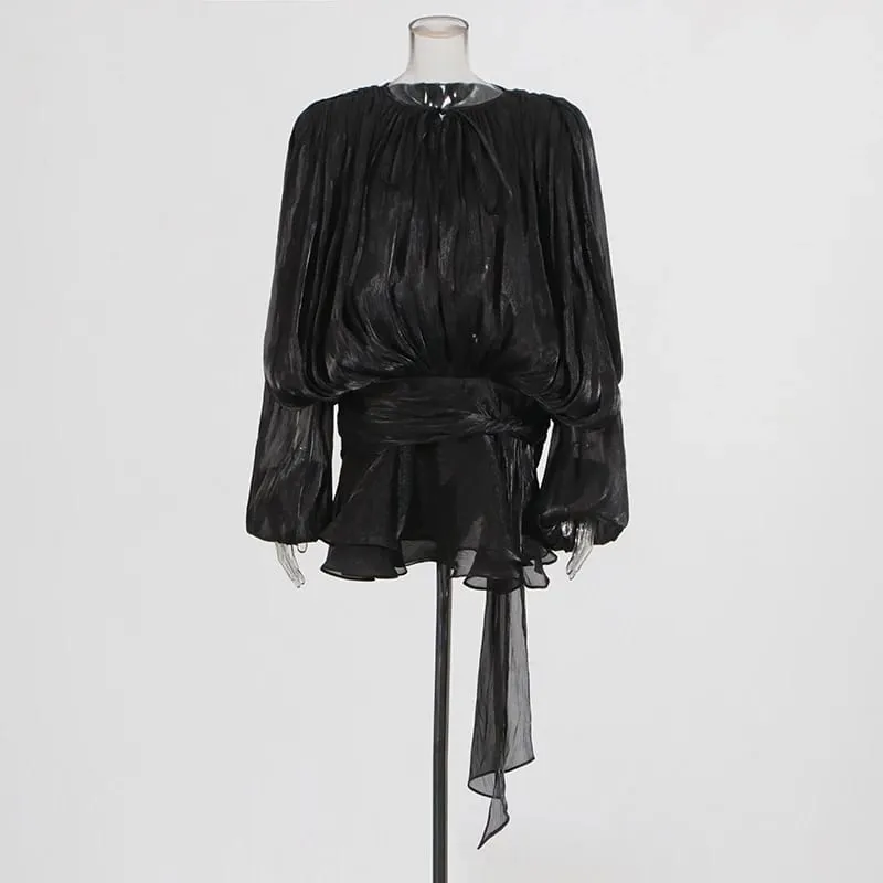 Solid Spliced Lace Up Loose Dresses For Women O Neck Long Sleeve High Waist Temperament Dress Female Fashion New — image 11