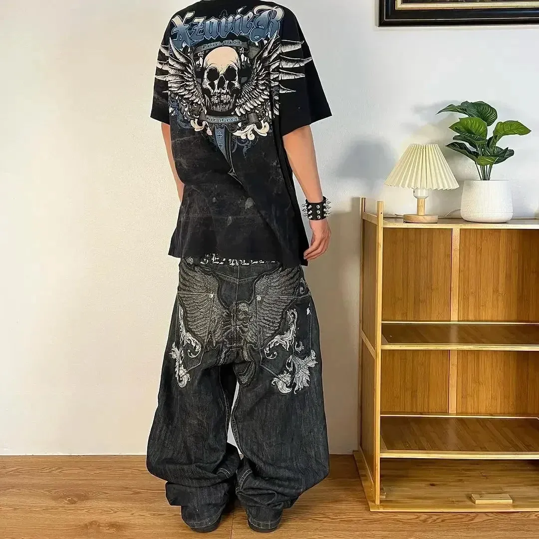 90s Gothic Centipede Embroidery Washed Oversized Wide-Leg Pants Jeans Men Y2K New Harajuku Punk Hip-Hop Rock Couple Street Wear — image 22