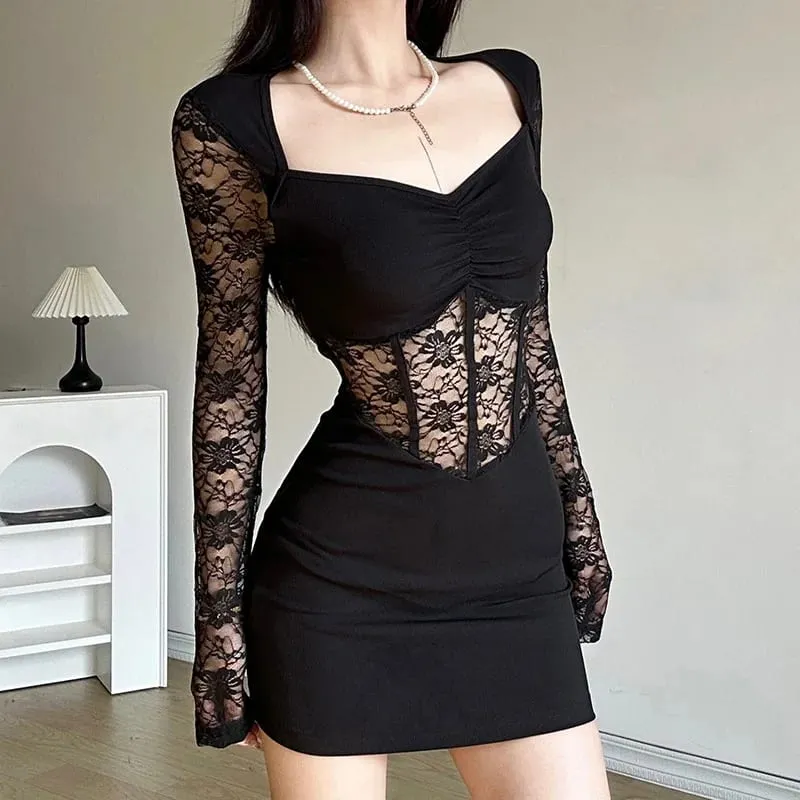 Nibber Black Mysterious Sexy Lace Stitching Mature Fishbone Beautiful Sweet Gentle Women'S Winter Long Sleeve Hip Short Dress — image 2