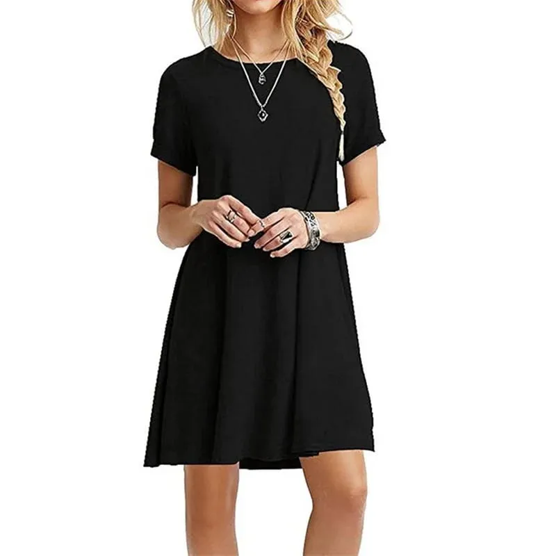 Women Mini Dress Summer Casual Boho Beach Dresses Solid Color O-Neck Short Sleeve Party A-Line Dress Vestidos QT033 — image 2