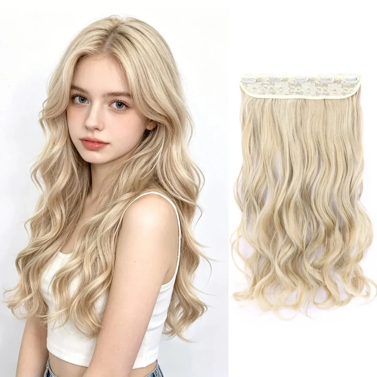 Syntetisk clip in hair extensions 5 clips i ét stykke højtemperatur fiber bølgede hårstykker til kvinder daglig festferie — image 12