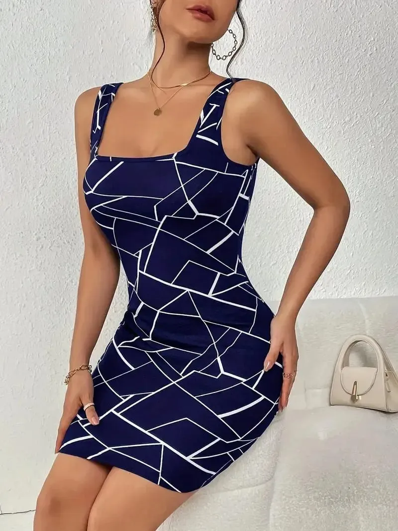 Women Square Neck Spaghetti Strap Abstract Geometric Print Bodycon Mini Dress Sleeveless Slim Fit Club Party Short Dress — image 5