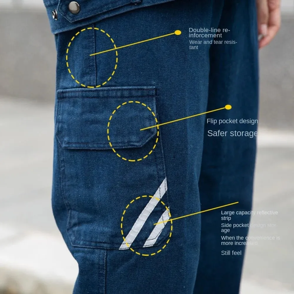 Men's Work Pants with Thick Loose Wear-resistant Welded Heat-resistant Reflective Strips Jeans Plus Size Labor Protection Pants — image 9