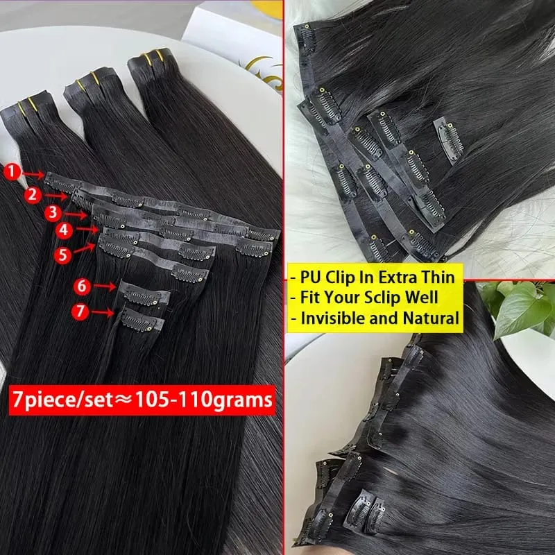 Invisible Seamless Clip Ins Bone Straight Human Hair Unprocessed Raw Hair PU Weft Extensions Full Head 7Pcs/Set Clip on Hair — image 4