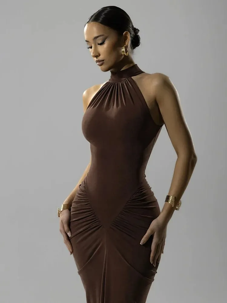 Sleeveless Halter Ruched Maxi Dress For Women Sexy Slit Solid Bodycon Dress High Street Female Evening Party Long Dress — image 5
