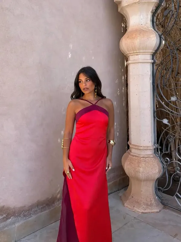 Robe Maxi à bretelles et col écharpe pour femmes, blocage de couleur, bretelles Spaghetti, fente haute, longueur au sol, Robes de soirée pour dames — image 10